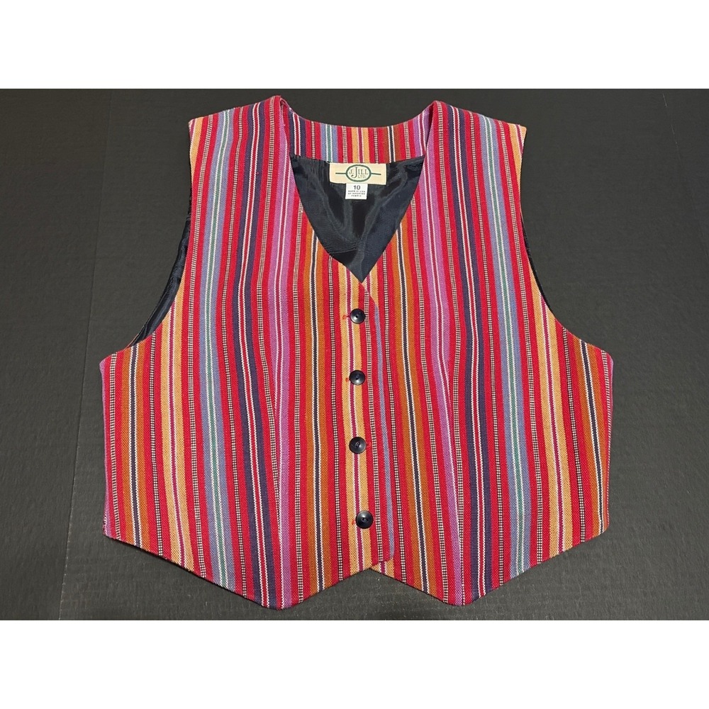 J. Jill Ltd Vintage Multi Color Striped Button Front Vest Red Orange Size 10